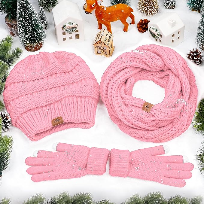 Winter Beanie Hat Scarf Gloves, Warm Fleece Knit Hats Touch Screen Gloves Neck Scarf Set Winter Gifts for Unisex Adult