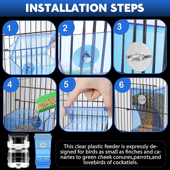 Yaomiao 4 Pcs No Mess Small Bird Feeders Automatic Parakeet Water Dispenser Clear Quail Feeder and Watered Cage Accessories for Small and Medium Parakeet Cockatiel Canary(Assorted,Blue)