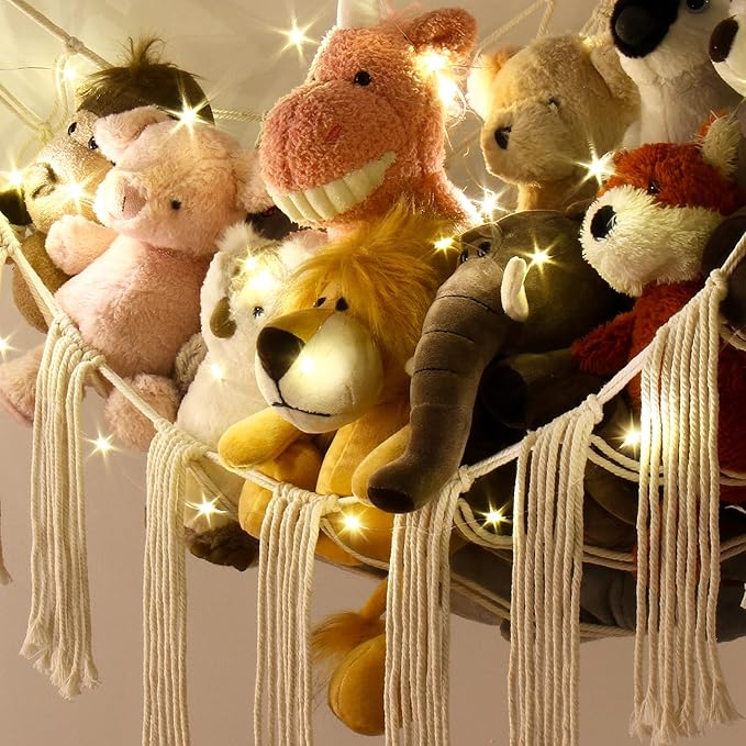 Stuffed Animal Storage Hammock Corner X-Large with LED Light - Baby Hammock Hanging Holder Plushies Net for Stuff Animals Organizer - Cute Room Decor Aesthetic Kids Toddler Nursery Bedroom Boho