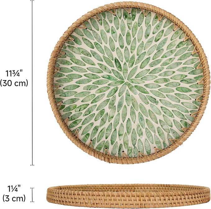 StorageWorks Decorative Coffee Table Trays for Home Decor, Round Rattan Tray with Mother of Pearl Inlay, Small Wicker Woven Serving Tray Decor for Kitchen Counter, Living Room and Ottoman, Green