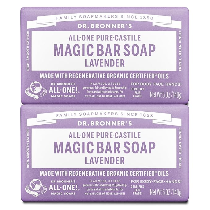 Dr. Bronner's Pure-Castile Magic Bar Soap (Lavender, 5 Ounce, 12-Pack) - Made with Regenerative Organic Certified Oils, For Face, Body & Hair, Gentle & Moisturizing, Biodegradable, Vegan, Cruelty-free