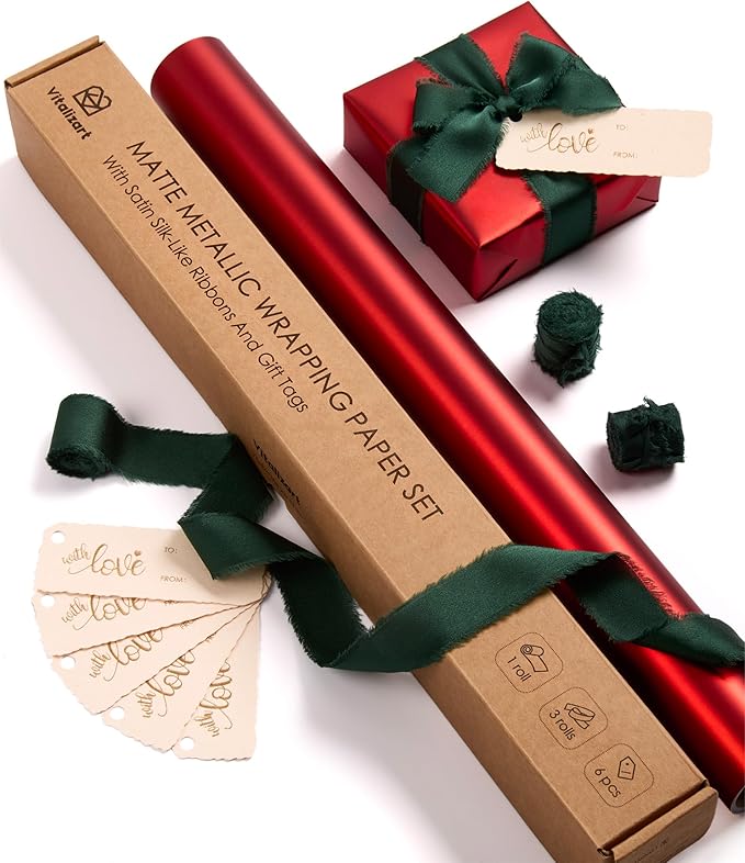 Vitalizart Red Matte Metallic Wrapping Paper Set 17" With Green Silk Like Satin Ribbon & Gift Tags Recyclable Eco-Friendly Christmas Gift Wrapping Birthday Baby Shower Wedding Handmade Crafts 197"(16.4 Ft)