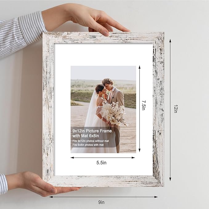 9x12 Picture Frame Set of 4, Made of Glass and Distressed White Wooden Frame - Display Picture 6x8 with Mat or 9 x 12 Without Mat, 9 by 12 Photo for Wall or Tabletop