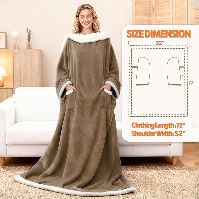 Wearable Heated Blanket With Sleeves & Foot Pocket, Heated Throw Blankets Fast Heating Blanket With 10 Heat Settings Auto Shut Off Over-Heat Protection-Warm Gift, Machine Washable, 52”*72”+18”