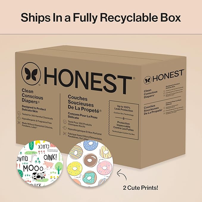 The Honest Company Clean Conscious Diapers for Sensitive Skin, Up to 100% Leakproof Hypoallergenic Fragrance-Free Baby Diapers, Gender Neutral Prints, Super Club Box, Size 3 (16–28 lbs), 120 Count