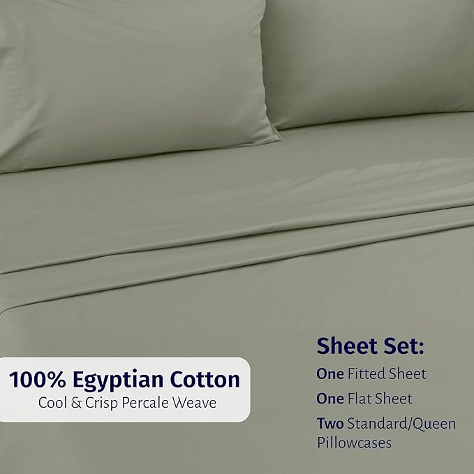 California Design Den Deep Pocket Queen Sheet Set - Certified 100% Egyptian Cotton, Lightweight & Crisp Percale Bed Sheets Queen Size Egyptian Cotton Set, Durable Luxury Bedding (Sage Mist- Grey Tone)