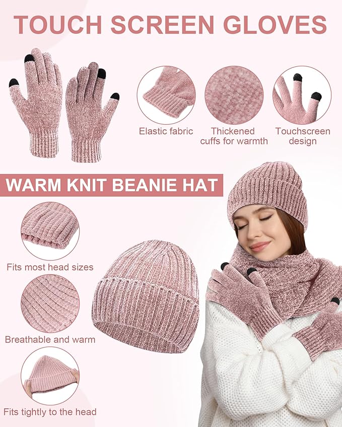 Geyoga 6 Pcs Winter Knit Set Beanie Hat Long Scarf Touchscreen Gloves Ear Muff Socks Warm Valentine Gift for Women Men Snow(Pink,Classic Style)