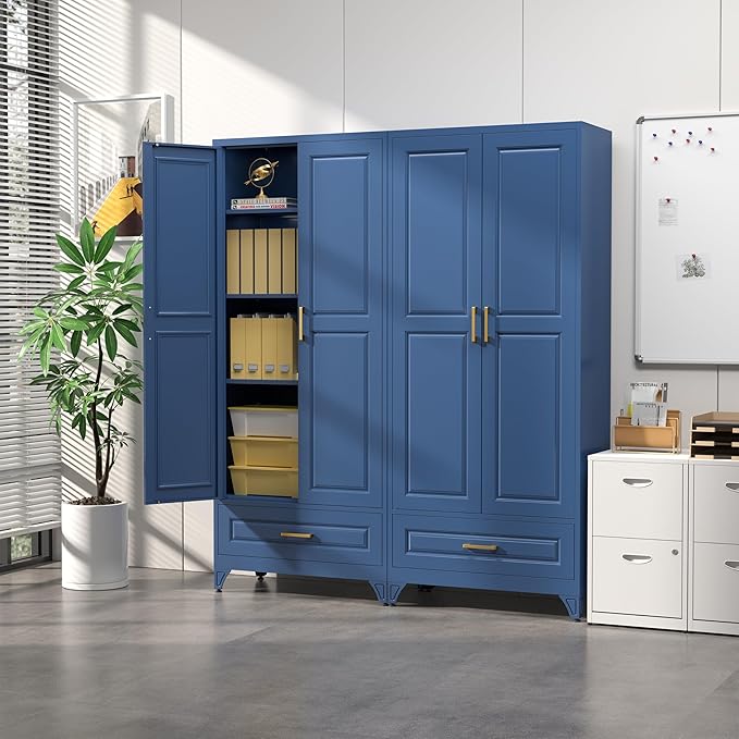 75" Kitchen Pantry Cabinet with Drawer, Metal Storage Cabinets with Doors and 4 Adjustable Shelves,Blue Kitchen Cabinet with 2 Gold Handles,Food Cupboard for Livingroom,Pantry, Bathroom