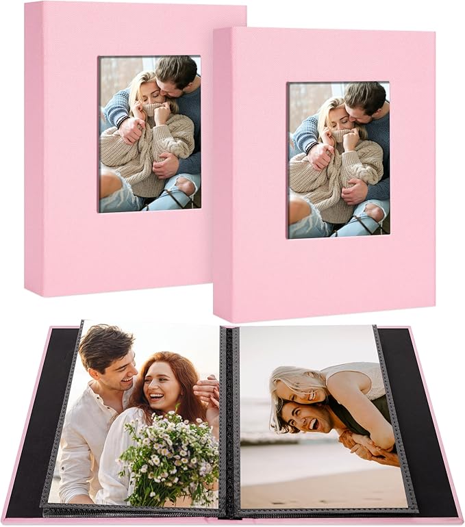 2 Pack Photo Album Holds 48 Pockets with Linen Cover and Customizable Window, Fits 4x6 Photos, Archival Black Pages, Pink