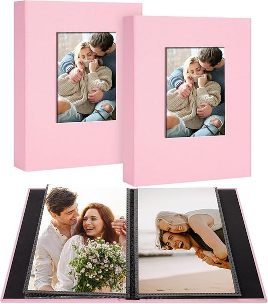 2 Pack Photo Album Holds 48 Pockets with Linen Cover and Customizable Window, Fits 4x6 Photos, Archival Black Pages, Pink