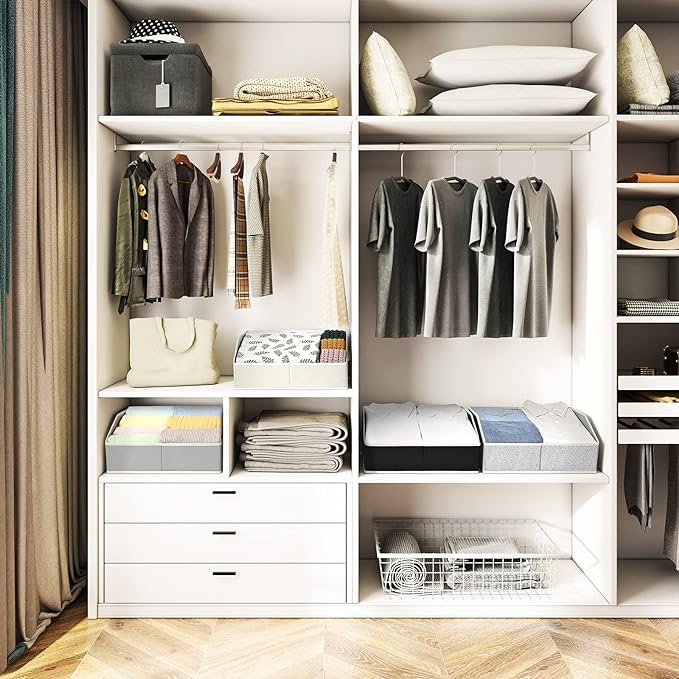 Closet Organizers Bins 6 Packs - Large Closet Shelf Organizer with Handles, Fabric Trapezoid Storage Bins, Collapsible Storage Cubes for Clothes, Towels, Light Gray