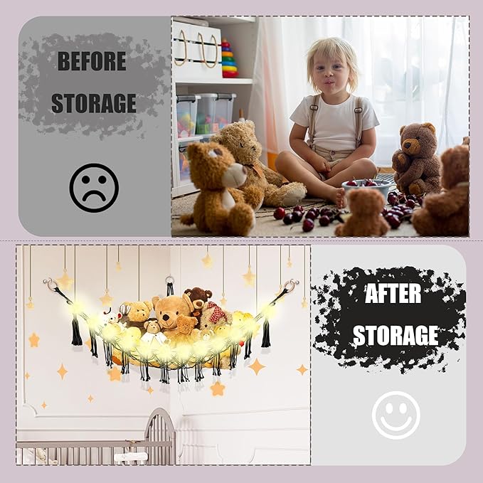 CERETIA Stuffed Animal Hammock with LED Light, Large Stuffed Animals Storage Corner Plushie Net for Kids Room Decor, Black