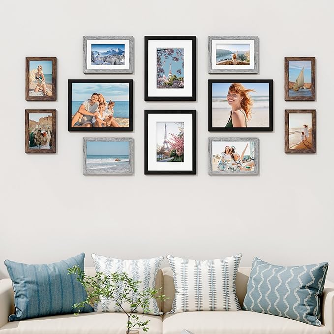 Vittanly 12 Pack Picture Frames Collage Wall Decor for Mounting or Tabletop Display, Gallery Wall Frame Set for Family, Multi Sizes Including 4pcs 8x10, 4pcs 5x7, 4pcs 4x6, Black, Brown and Grey