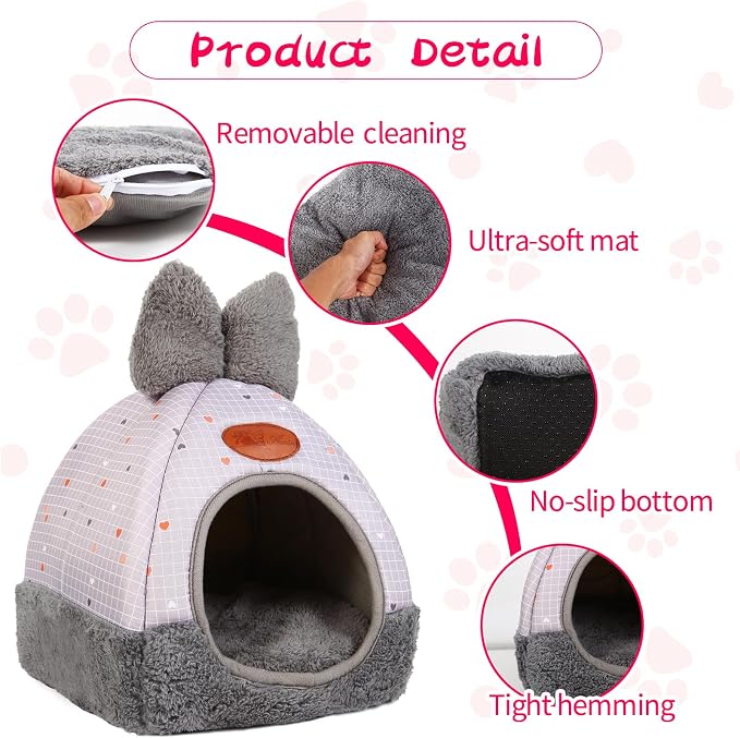 Bunny Bed Hideouts House Ferrets Rats Hedgehogs Chinchilla Cage Accessory for Rabbit Guinea Pig Hamster Cozy and Warm Rabbit Bed with Cute Bowknot Rabbits Hamster Bunny Grey Grid ﻿