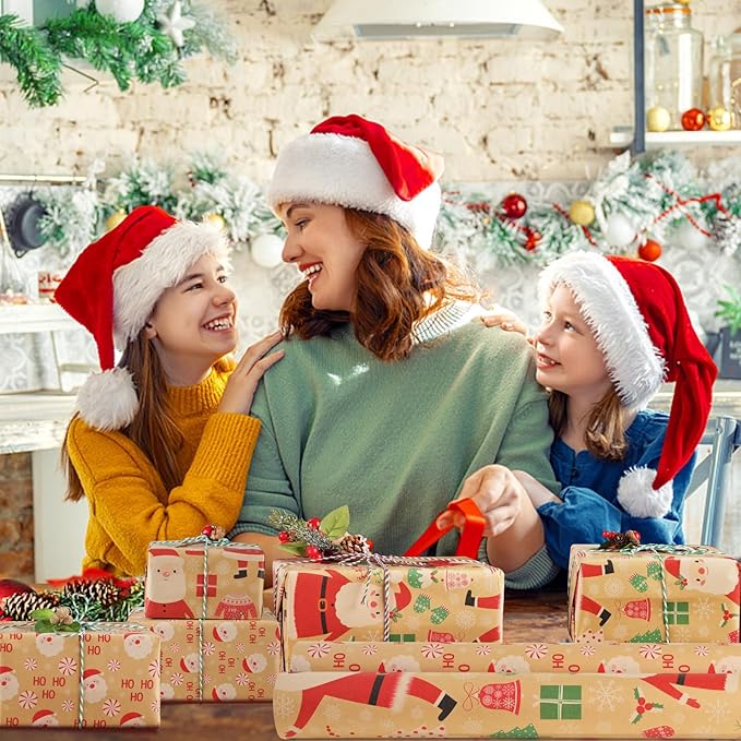 AhfuLife 2 Rolls Christmas Wrapping Paper - 17 Inch × 49.2 Feet Per Roll, Recyclable Santa Claus Kraft Xmas Wrapping Paper Roll for Christmas Gift Box Birthday Party Decoration -138 sq. ft. ttl