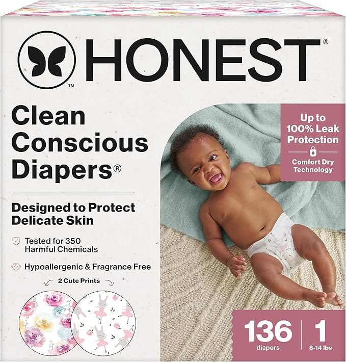 The Honest Company Clean Conscious Diapers for Sensitive Skin Up to 100% Leakproof Hypoallergenic Fragrance-Free Baby Girl Prints Super Club Box Size 1 (8–14 lbs) 136 Count