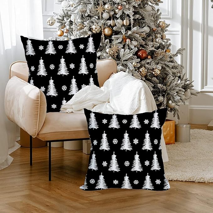 Fukeen 2 Pack Waterproof Outdoor Christmas Tree Decor Pillow Covers 16x16 Inch White and Black Forest Pine Trees Xmas Throw Pillow Covers Snowflake Winter Decorations Cushion Cover Double Sided