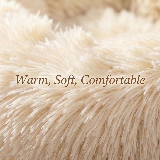 Calming Donut Small Dog Bed for Chihuahua Yorkie Maltese Shih Tzu | 19 Inch Washable Puppy Bed,Ultra Soft Faux Fur Round Dog Bed,Beige