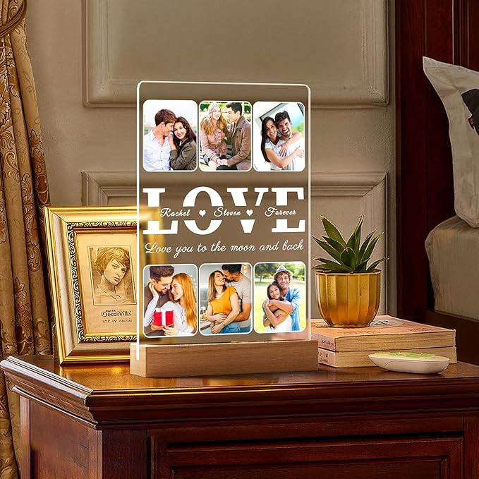 Personalized Picture Frames with Photo, Custom Photo Frame with Night Light, Personalized Photo Gifts, Customized Christmas Anniversary Couples Gifts for Women Men Girlfriend Boyfriend Her Him