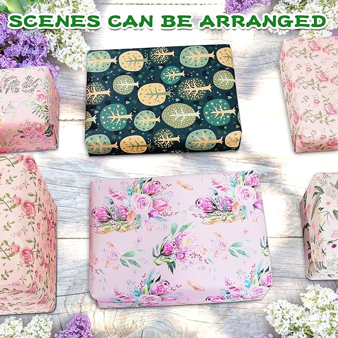 Wrapping Paper with Pastel Purple Pink Green Floral Making,Gift Wrapping Paper Set for Women Girl Baby,Birthday Wrap Birthday Paper with Tags Ribbon,Baby Shower wrap
