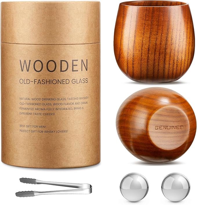 GENUINED The Original Wooden Whiskey Glasses Set of 2, Bourbon Gifts for Men, Anniversary, Birthday, Christmas Gifts, Old Fashioned Wood Bourbon Drinking Glass