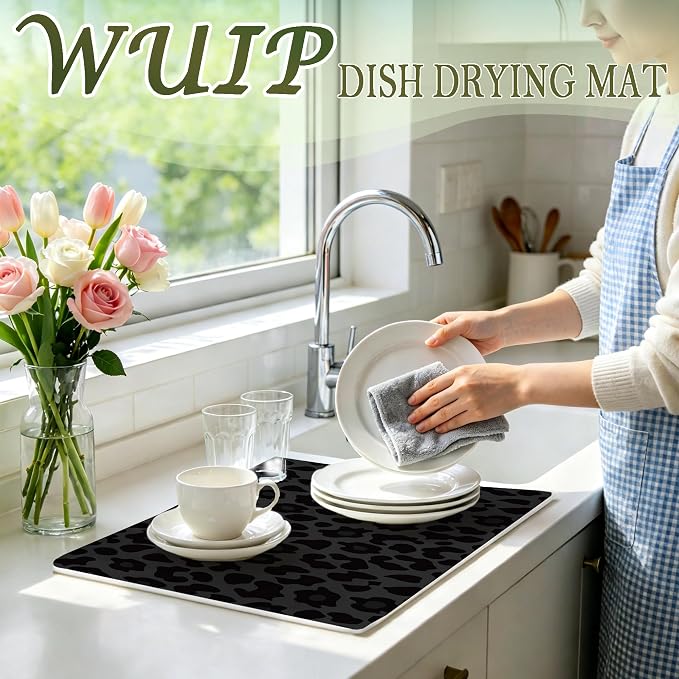 Black Leopard Print Dish Drying Mats for Kitchen Counter, Trendy Cheetah Animal Print Absorbent Reversible Coffee Bar Mat Drying Pad for Kitchen Decor, 12x15 Inch