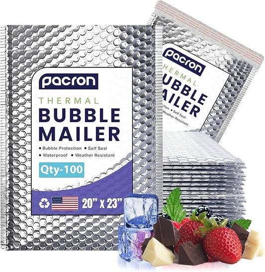 100-Pack Insulated Silver Thermal Bubble Mailers 20 x 23 - Waterproof Metallic Foil Self-Sealing Padded Envelopes for Cold Shipping, Perishables, Food, Cosmetics, Pharmaceuticals