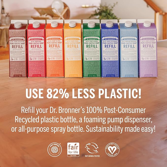 Dr. Bronner's Pure-Castile Liquid Magic Soap Bottle & Refill Carton - Made with Regenerative Organic Certified Oils- 18-in-1 Uses for Face, Body Wash, Hand Soap Refill- Peppermint, 32oz