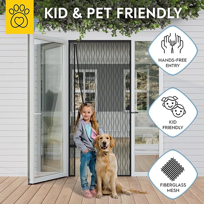 AUGO Fiberglass Magnetic Screen Door Reversible Left Right Side Opening - Self Sealing, Heavy Duty, Hands Free, Keeps Bugs Out - Pet and Kid Friendly - Patent Pending Keep Open Feature – 38” x 83”