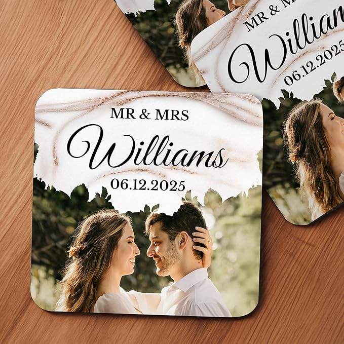 40 Pack Personalized Wedding Coasters, Custom Cardboard Coasters for Drinks with Photo Print and Text, Keepsake Wedding Favors and Gifts for Couples, 4x4 Square, Design 6