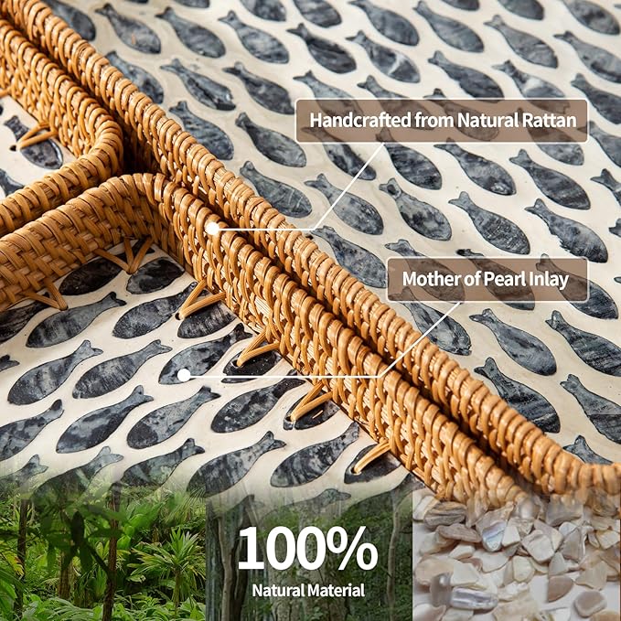 Set of 3 Rectangle Rattan Trays for Decor, Coastal Wicker Serving Tray, Hand-Woven from Natural Rattan with Mother of Pearl Inlay, Boho Woven Decorative Trays for Bathroom Kitchen Counter, Entryway