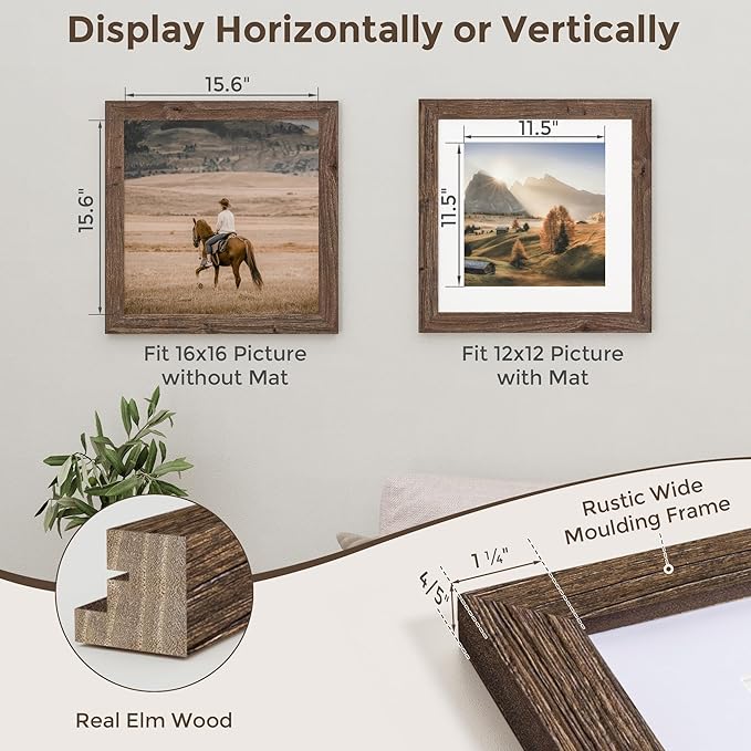 Fun Memories Walnut 16x16 Square Wooden Picture Frame - Tempered Glass, Wall Mountable, Display Pictures 12x12 with Mat or 16x16 Without Mat, 1 Pack