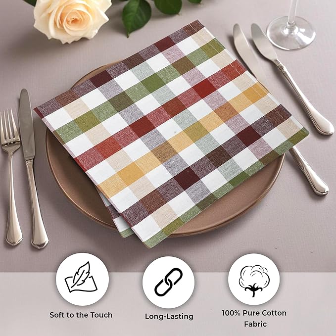 Urban Villa Fall Cloth Napkins Harvest Checks Dinner Napkins Set of 12 20"x20"Highly Absorbent Cloth Napkins Reusable Washable Table Dinner Napkins Ideal for Thanks Giving Everyday Use Wedding Parties