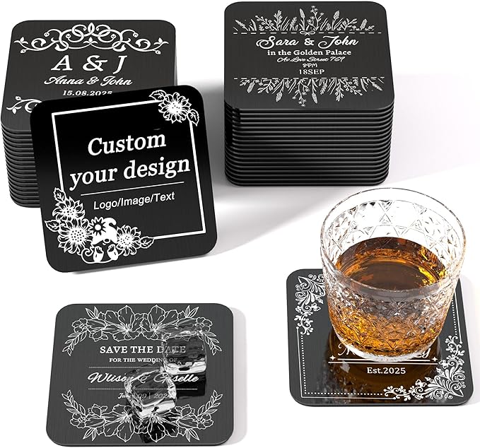 Personalized Coasters,Stainless Steel Coaster with Sponge Bottom,Engraved Drink Coasters with Logo/Name, Modern Coasters for Restaurant, Bar, Housewarming or Wedding Gift, Set of 6 (Black, Square)