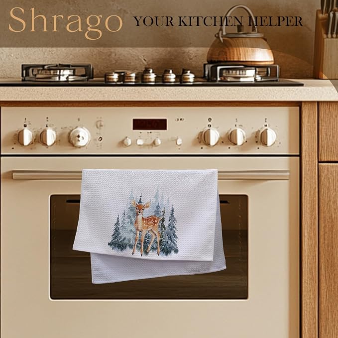 Winter Christmas Deer Kitchen Towels, Deer Gifts, Animal Lover Gifts Dish Tea Towels for Kitchen, Winter Pine Tree Forest Decorative Hand Towel for Kids Bathroom Decor, 16x24 Inch