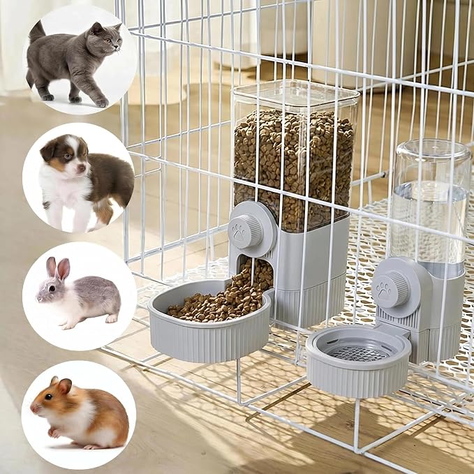 Automatic Rabbit Feeder and Water Dispenser Set,40oz Gravity Food Feeder&17oz Leak-Proof Water Bottle for Guinea Pigs,Hamsters,Chinchillas,Ferrets, Small Animals,Cage Mount Feeding Station Grey