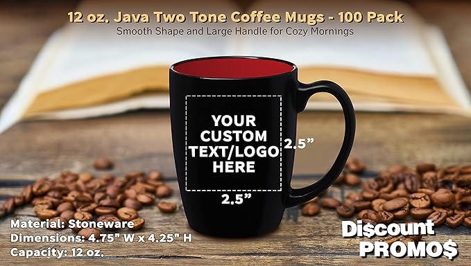 DISCOUNT PROMOS 100 Java Two Tone Coffee Mugs Set, 12 oz. - Customizable Text, Logo - Stoneware, Durable, Easy Grip - BLACKRED
