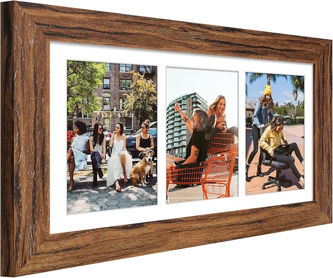 8x16 Picture Frame Display 3 opening Picture Frame 5x7 Collage,Multi Photo Frame with Mat,Plexiglass,Horizontal and Vertical Formats for Wall Decor,Carbonized Brown Wood Grain