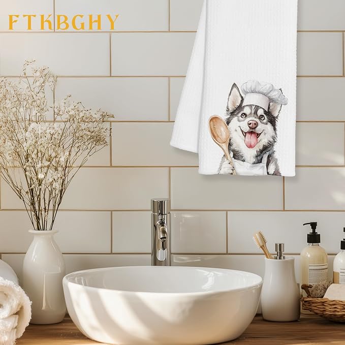 Funny Siberian Husky Chef Kitchen Towels, Gifts for Husky Lovers, Chef Gifts for Women Men, Funny Dog Decorative Dish Hand Tea Towels for Kitchen Bakery, 16x24 Inch
