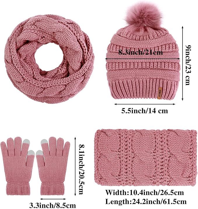Aneco Womens Winter Warm Sets Knitted Fur Pompoms Beanie Hat Circle Loop Scarf Touch Screen Gloves Winter Favor Accessories
