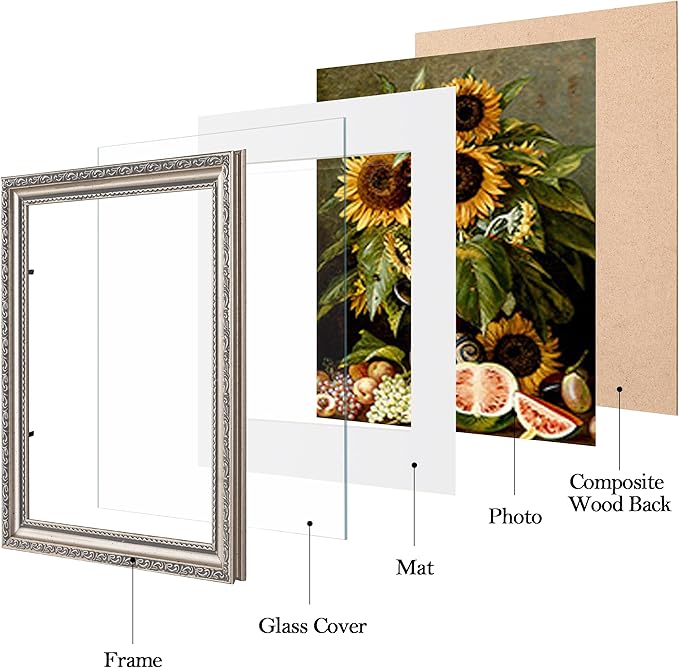 eletecpro 8x10 Picture Frames Set of 4, Vintage Photo Frame with Glass, Frames 8 x 10 Display 5x7 Photo with Mat or 8x10 without Mat for Tabletop or Wall Decor, Silver Beige