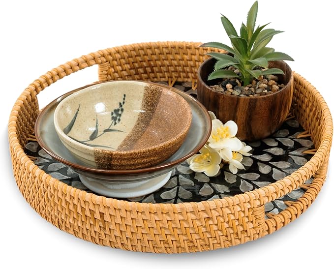 KOLWOVEN Round Rattan Tray with Handle, Rattan Serving Tray with Mother of Pearl Inlay Wooden Base, Decorative Wicker Basket for Table (Black- White Leaves)