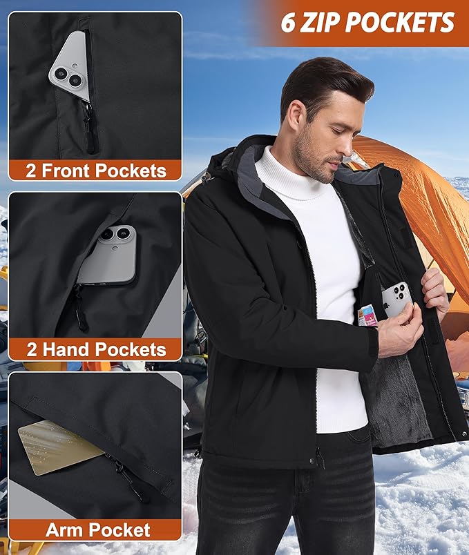 Mens Winter Snow Jacket Waterproof Ski Jackets Snowboard Rain Warm Coat Insulated Hood Fleece Lined