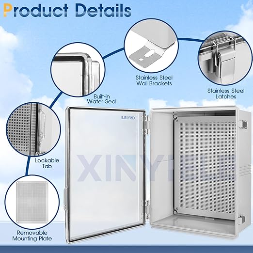 Waterproof Outdoor Project ABS Plastic Junction Box IP67 Weatherproof Dustproof Enclosure with Hinged Cover, Mounting Plate,Wall Brackets for Power Project (Clear,19.7"x15.7"x7.9")