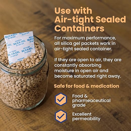 Wallaby 5 gram (250 Packets) Food Safe Pure White Silica Gel Desiccant Dehumidifier Packs - Rechargeable & Coated Moisture Absorbers - Protects Against Moisture Damage - (Packed in 50x Sets of 5)
