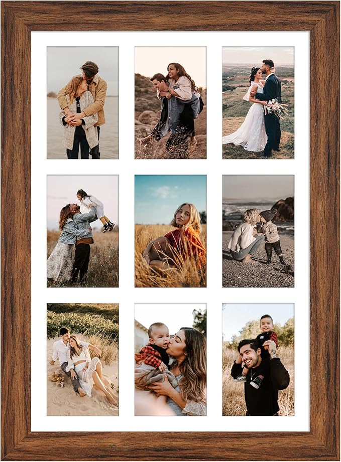 13.5x19.5 Picture Frame Display 9 opening 4X6 Picture Frame Collage,Multi Photo Frame with Mat,Plexiglass,Wall or Tabletop Decor,Carbonized Brown Wood Grain