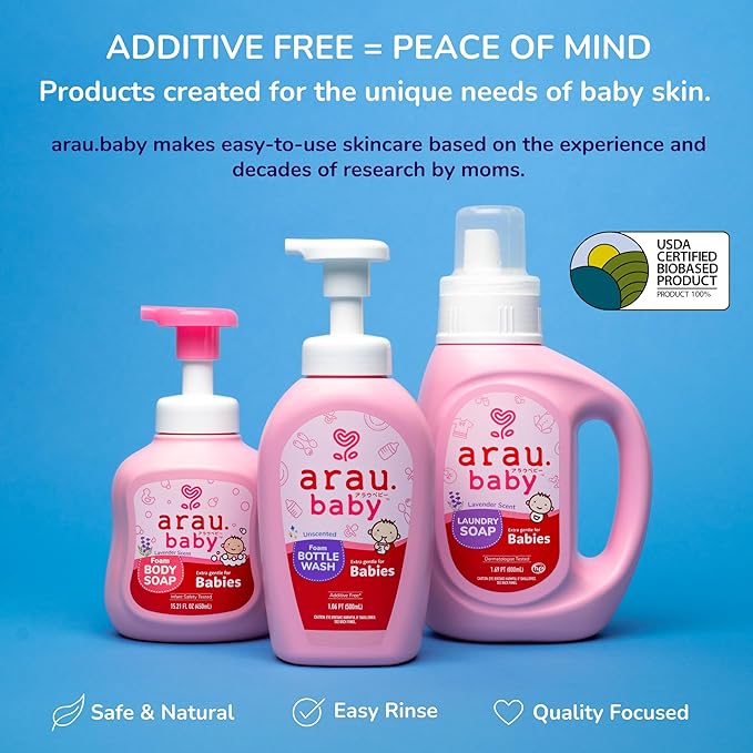 Arau Baby Essentials Bundle - Laundry Soap, Foam Body Soap, Foam Bottle Wash - Soap Based Products, Gentle on Skin, Cleans Well, Rinses Using Less Water, Perfect for Gifting, Baby Showers, and More