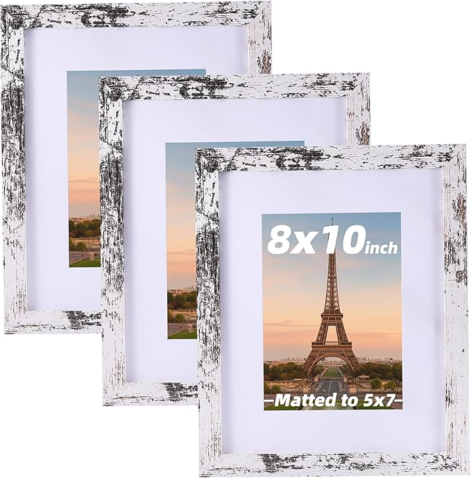 3 Pcs 8x10 Rustic White Wood Picture Frame - Display Pictures 5x7 with Mat or 8 x 10 without - Distressed White Wooden Photo Frames for Wall Mounting or Table 8 10 Matted to 5x7 Farmhouse Set of 3