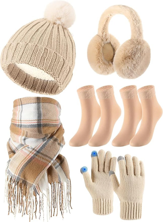 Geyoga 6 Pcs Winter Hat Scarf Gloves Set Knitted Touchscreen Gloves Plaid Scarf Earmuffs Socks Gift for Women Men