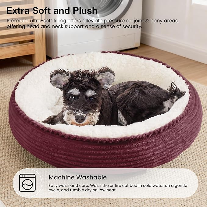 Love's cabin Round Donut Cat and Dog Cushion Bed, 24in Pet Bed for Small or Medium Dogs, Anti-Slip & Water-Resistant Bottom, Soft Durable Fabric Pet Beds, Washable Calming Cat Bed Burgundy Stripe